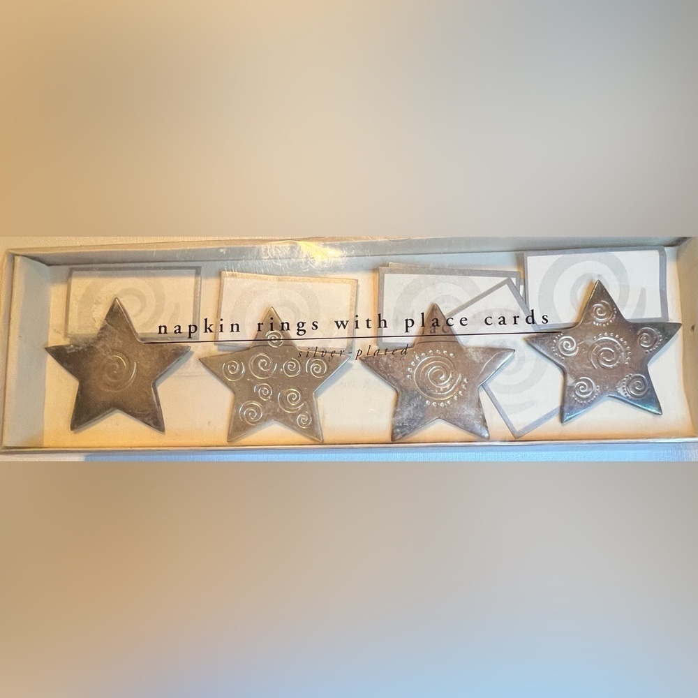 PIER 1 Silver-Plated Set of 4 Star Napkin Rings / Place Card Holders W/8 Cards